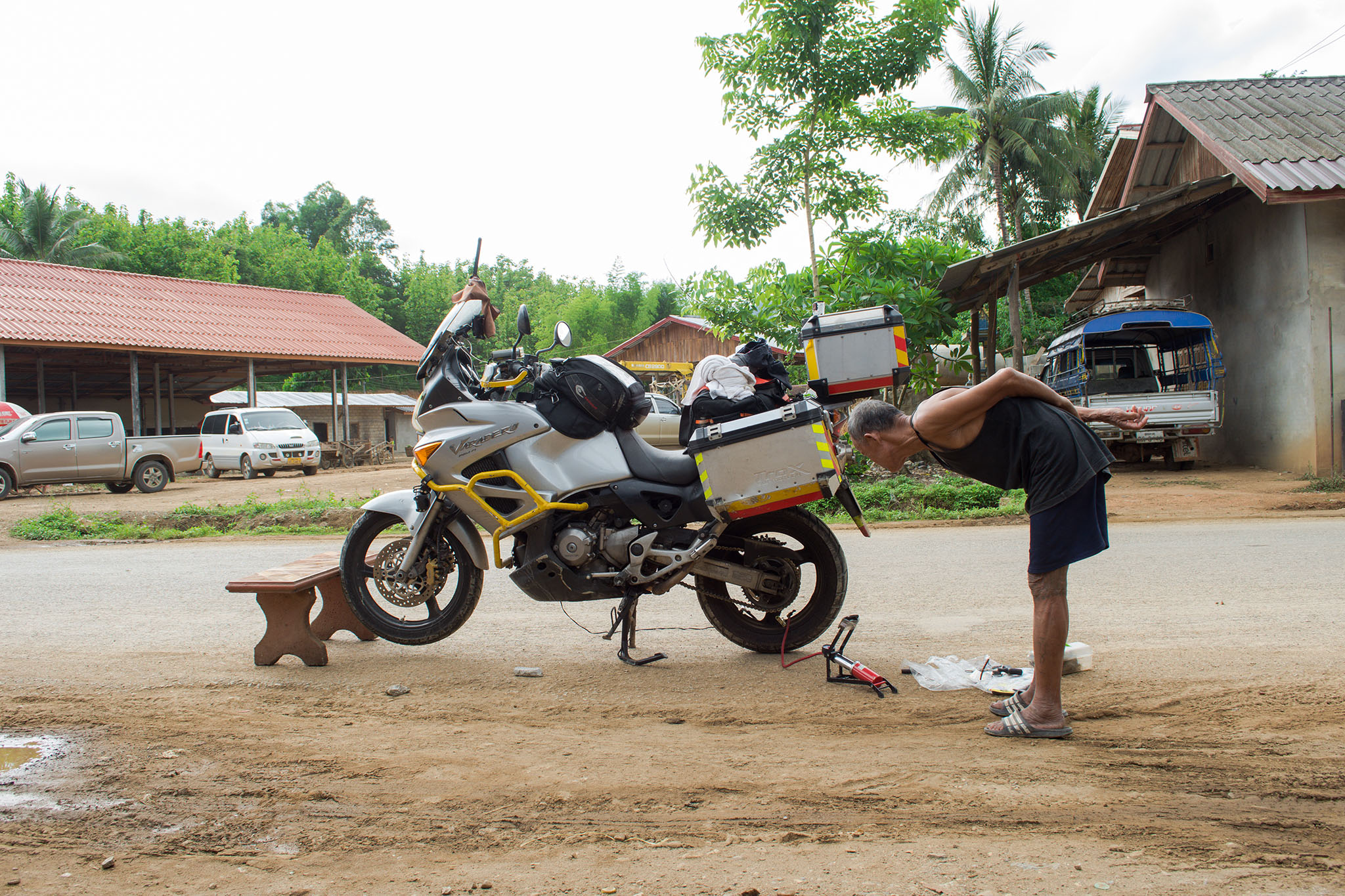 Motorcycle Tire Puncture in Laos